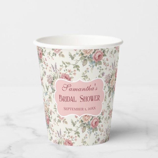 Vasos De Papel Elegant Pastel Roses Shabby Chic Bridal Shower (Anverso)