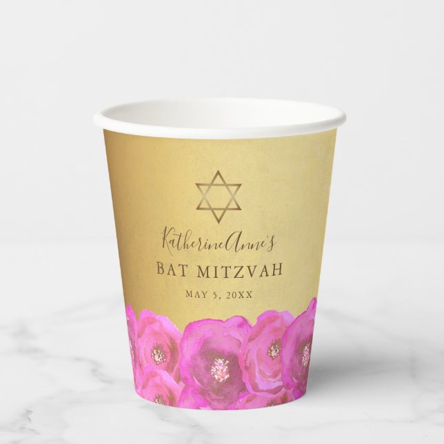 Vasos De Papel Elegant Pink Rose Floral Gold Bat Mitzvah (Anverso)