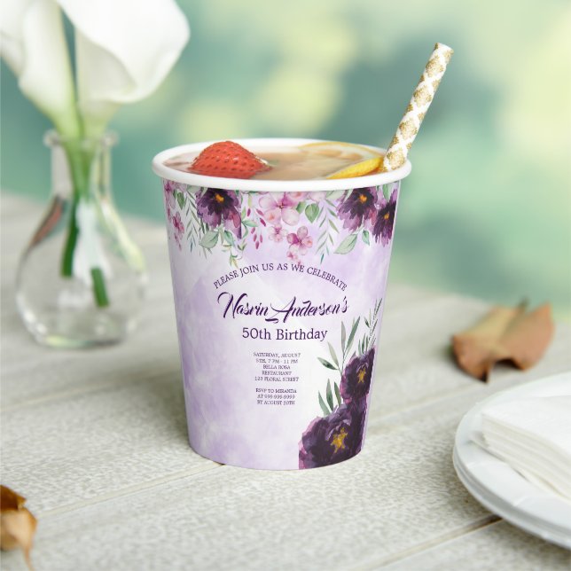 Vasos De Papel Elegant Purple Floral Birthday Invitation (in situ)