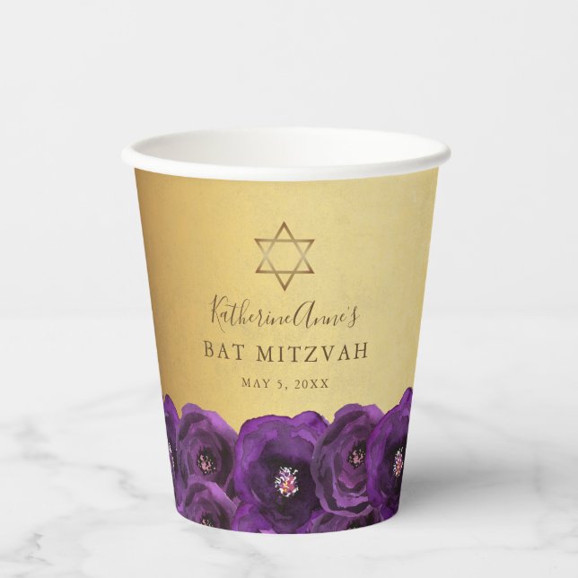 Vasos De Papel Elegant Purple Rose Floral Gold Bat Mitzvah (Anverso)