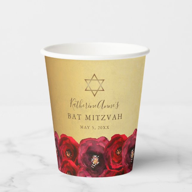 Vasos De Papel Elegant Red Rose Floral Gold Bat Mitzvah (Anverso)