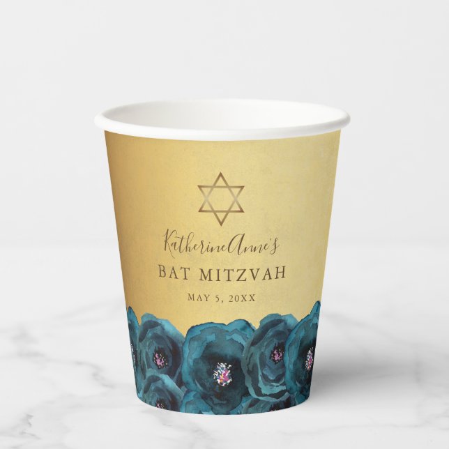 Vasos De Papel Elegant Teal Rose Floral Gold Bat Mitzvah (Anverso)