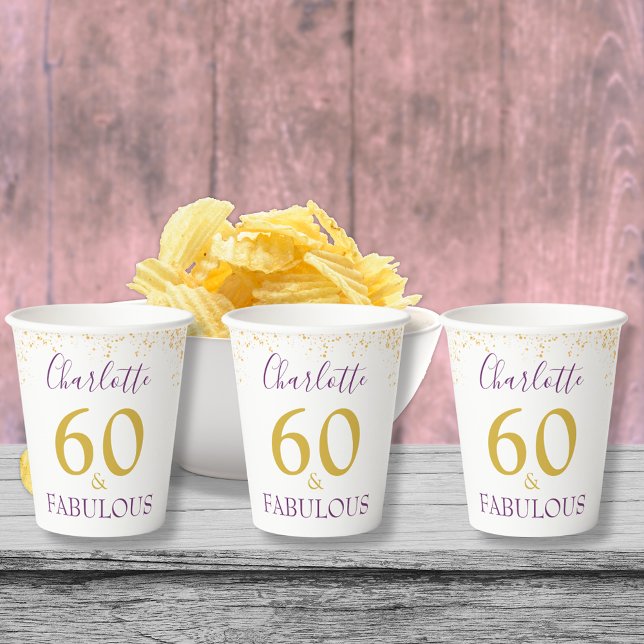 Vasos De Papel Elegante 60 y fabulosa fiesta de cumpleaños (Stylish 60 & fabulous purple and gold glitter custom 60th birthday party paper cups)