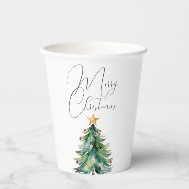 Vasos De Papel Elegante acuarela Árbol de Navidad Feliz Navidad (Anverso)