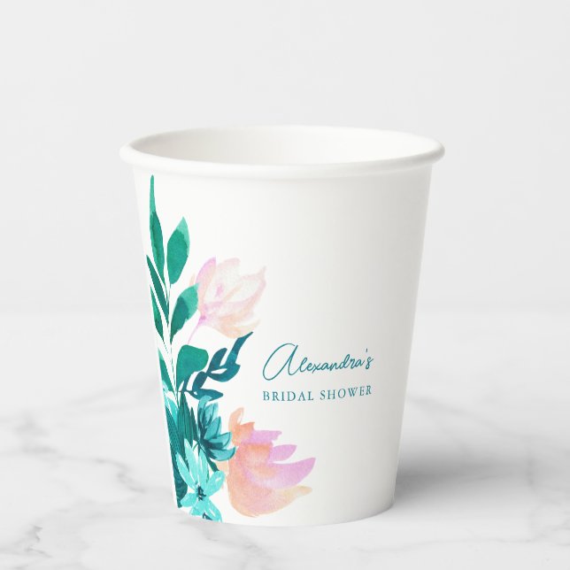 Vasos De Papel Elegante acuarela azul floral nupcial personalizad (Anverso)