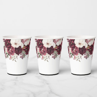Vasos De Papel Elegante acuarela Borgoña Boda floral