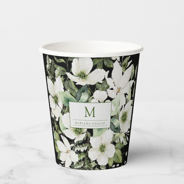 Vasos De Papel Elegante acuarela floral blanco y negro (Anverso)