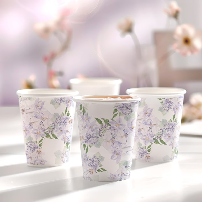 Vasos De Papel Elegante acuarela Floral Fiesta de la Boda Púrpura (Elegant Watercolor Floral Purple Wedding Party Paper Cups)