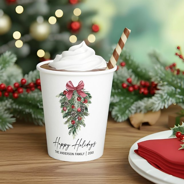 Vasos De Papel Elegante acuarela Pines Calligraphy Ink Holiday (Customize to change your personalized text size or text style.)