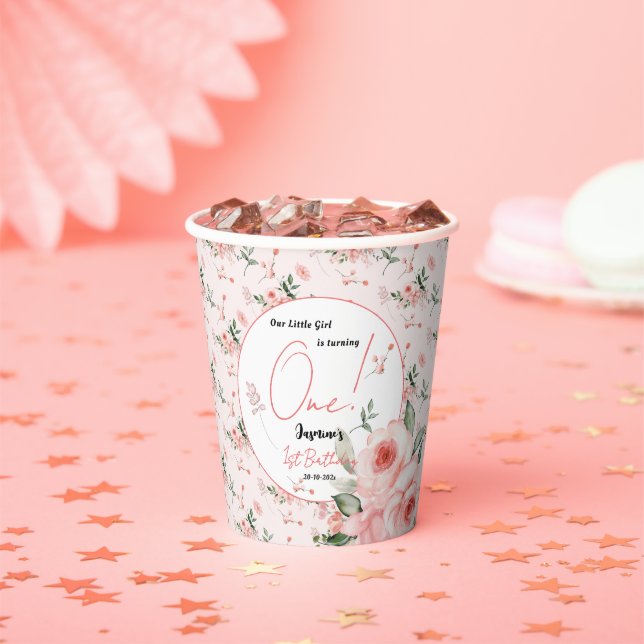 Vasos De Papel Elegante acuarela Rosa Chica Rosa Rosa Primer cump (in situ)