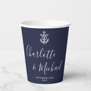 Vasos De Papel Elegante Ancla Azul Marino Boda Náutica