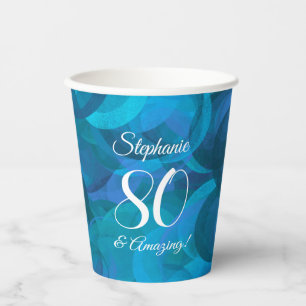 Vasos De Papel Elegante Azul Océano 80 y Cumpleaños Increíble Fie