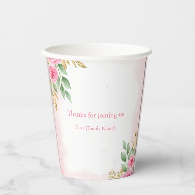 Vasos De Papel Elegante Baby Shower con flores rosadas con Rosa (Anverso)