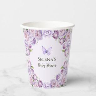 Vasos De Papel Elegante Baby Shower de mariposa floral púrpura
