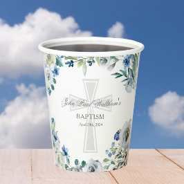 Vasos De Papel Elegante Baptismo Floral Azul Fiesta Religioso
