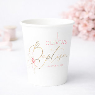 Vasos De Papel Elegante Bautizo de Niña con Lazo Dorado y Rosa