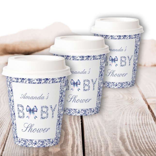 Vasos De Papel Elegante Blue Toile de Jouy y Bow Baby Shower (Subido por el creador)