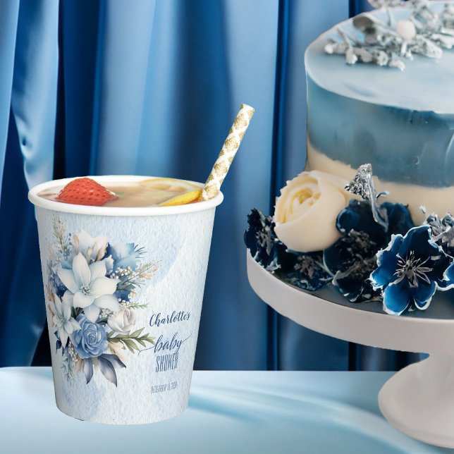 Vasos De Papel Elegante Blue Winter Floral Boy Baby Shower (Elegant Blue Winter Floral Boy Baby Shower Paper Cups)
