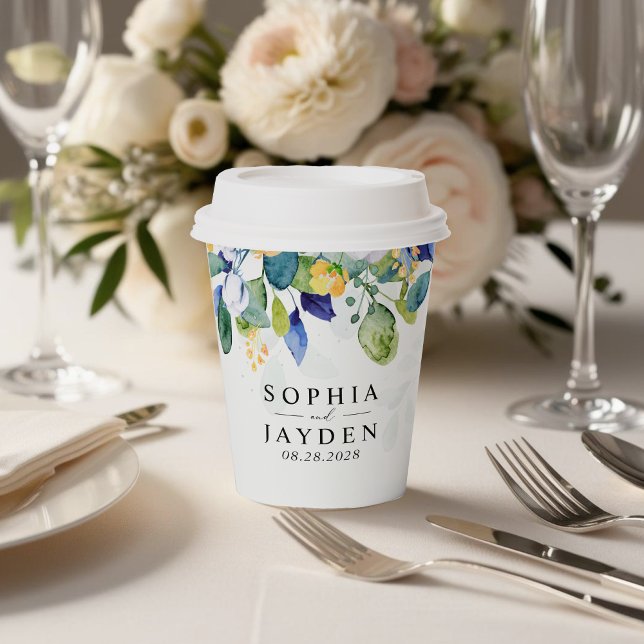 Vasos De Papel Elegante boda azul blanco amarillo floral (Subido por el creador)