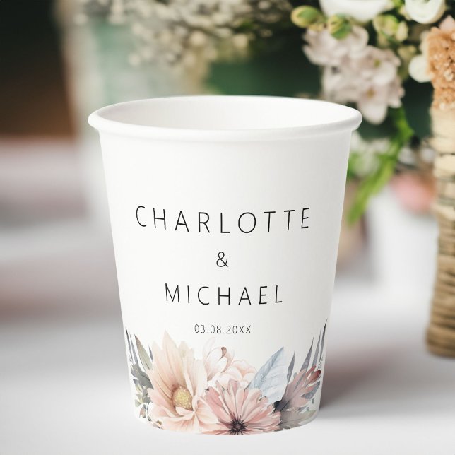Vasos De Papel Elegante, Boda de Boho Blanco y Pastel (Elegant, White & Pastel Boho Wedding Paper Cups with your name and date.)
