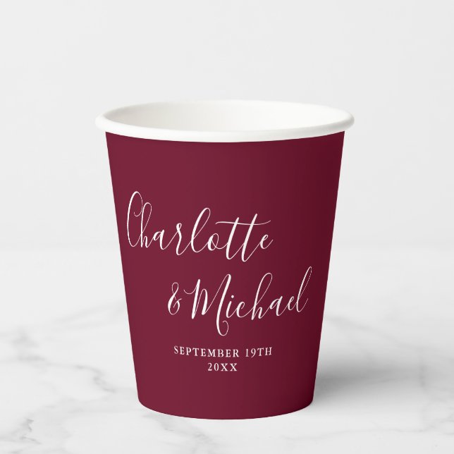 Vasos De Papel Elegante boda de firma script burgundy (Anverso)