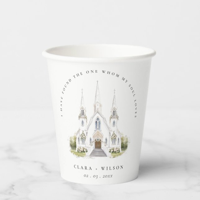 Vasos De Papel Elegante Boda de Iglesia Católica de Acuarela (Anverso)