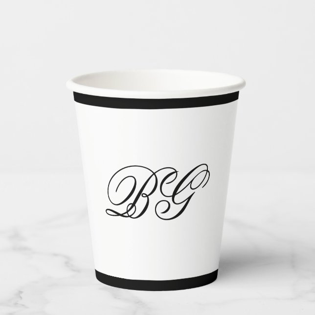 Vasos De Papel Elegante Boda de Monograma Blanco Negro Minimalist (Anverso)