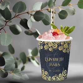 Vasos De Papel Elegante Boda de Swift Blue Gold Swirls