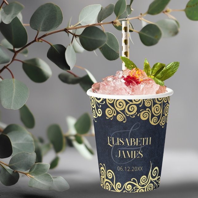 Vasos De Papel Elegante Boda de Swift Blue Gold Swirls (Subido por el creador)