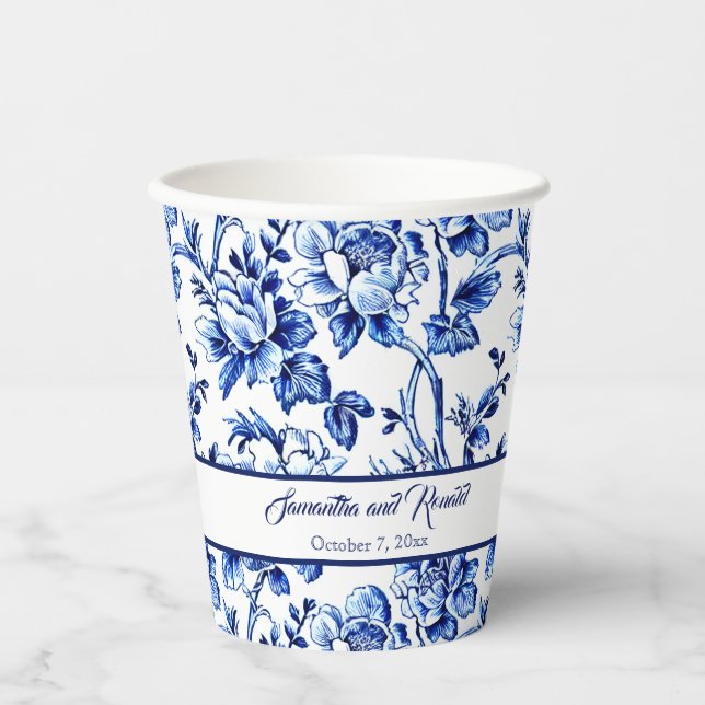 Vasos De Papel Elegante Boda de tela floral azul y blanca (Anverso)