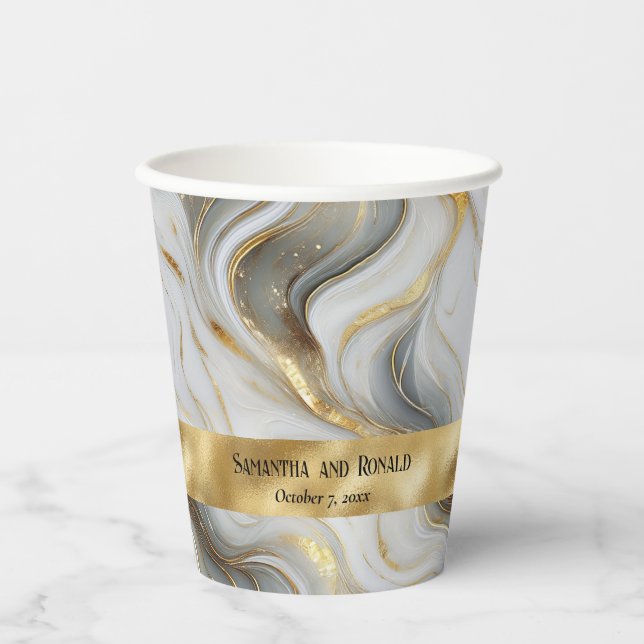 Vasos De Papel Elegante Boda Faux Gold, White & Gray Marled (Anverso)