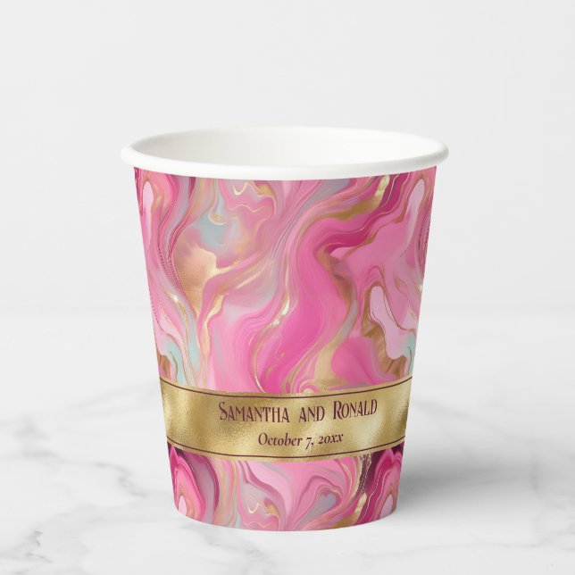 Vasos De Papel Elegante Boda Faux Gold y Pink Marble (Anverso)