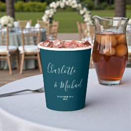 Vasos De Papel Elegante Boda Minimalista con Letra Script Azul Pr