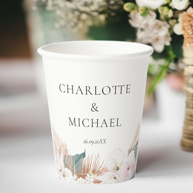 Vasos De Papel Elegante Boda moderno de flores de pampasgras (Elegant Modern Pampasgras Flowers Wedding Paper Cups with your name and dates.)