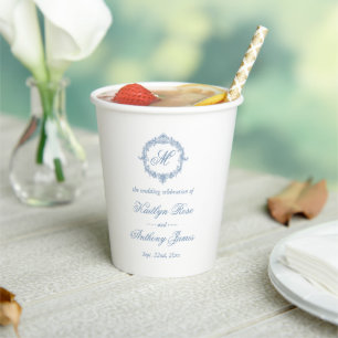 Vasos De Papel Elegante Boda Monograma Vintage Azul Toile