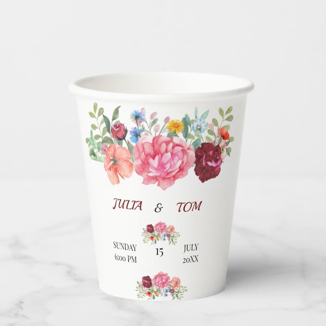 Vasos De Papel Elegante Borgoña y Floral Rosy (Anverso)