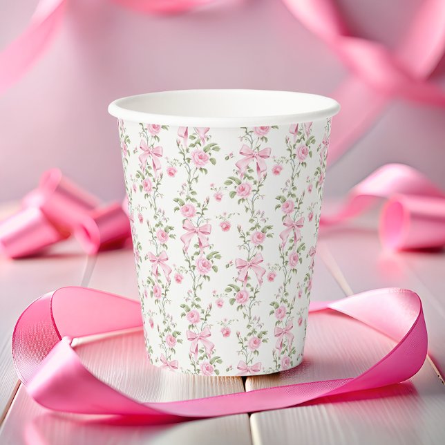 Vasos De Papel Elegante Bow Rosa Coquette Cumpleaños (Subido por el creador)