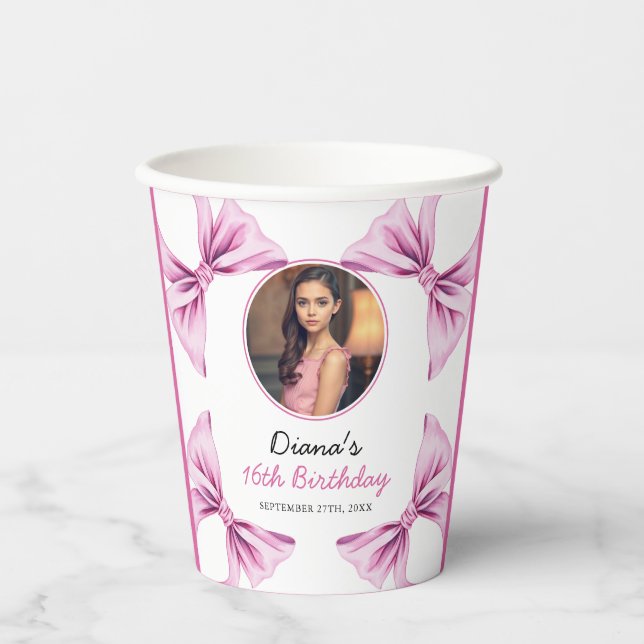 Vasos De Papel Elegante Bow Rosa Coquette Foto Dulce 16 Cumpleaño (Anverso)