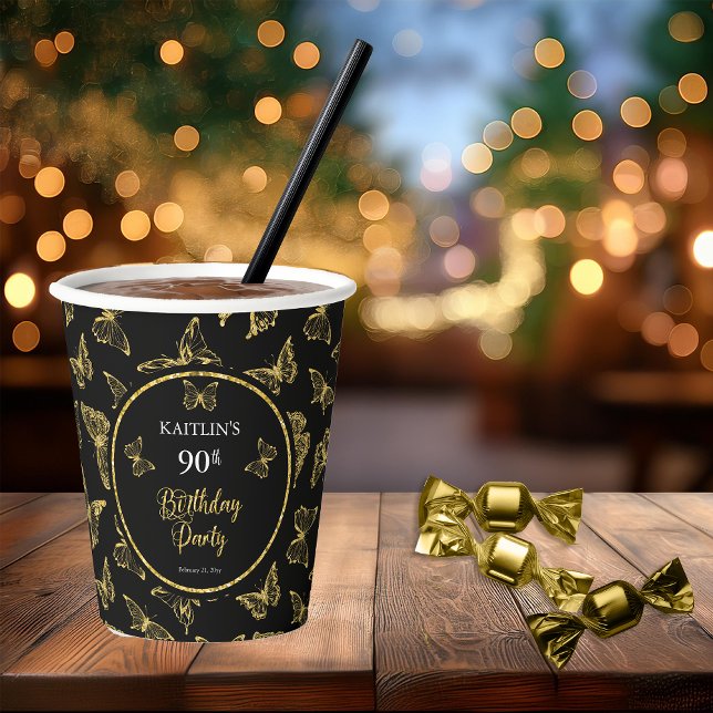 Vasos De Papel Elegante Butterflies Black Gold Fiesta de cumpleañ (Elegant Black and Faux Gold Butterflies 90th Birthday Party  Party Paper Cups)