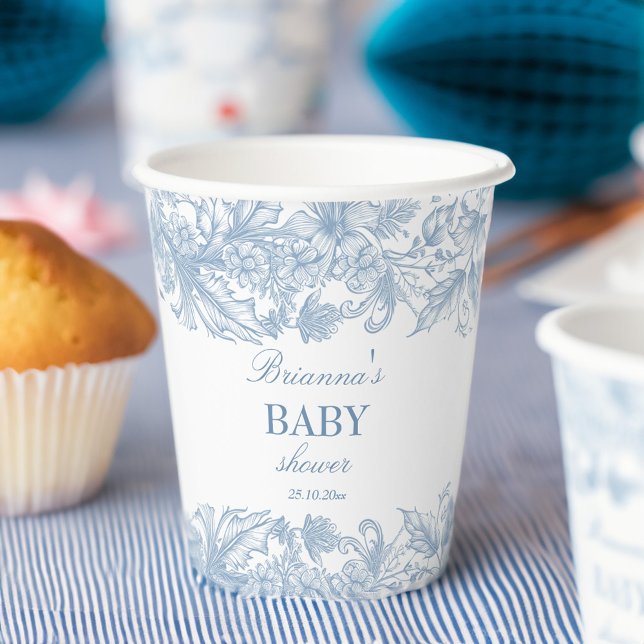 Vasos De Papel Elegante chinoiserie toile francés ducha de bebé a (Elegant French toile chinoiserie dusty blue baby shower personalized Paper Cups customized decor)