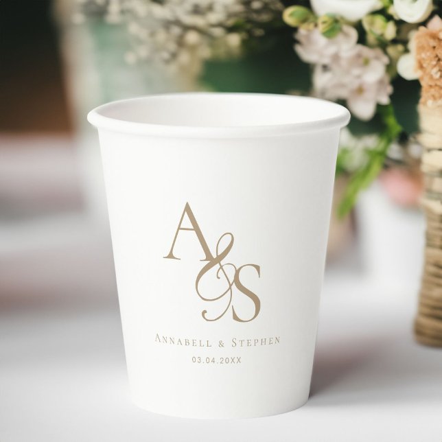Vasos De Papel Elegante, clásico, monograma, Boda (Elegant, Classic, Monogram, Wedding Paper Cups with your name and date. )