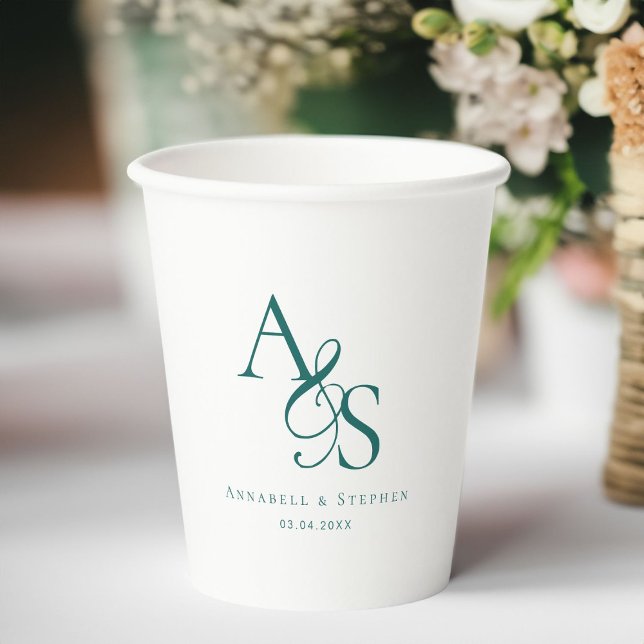 Vasos De Papel Elegante, clásico, monograma, Boda (Elegant, Classic, Monogram, Wedding Paper Cups with your name and date. )