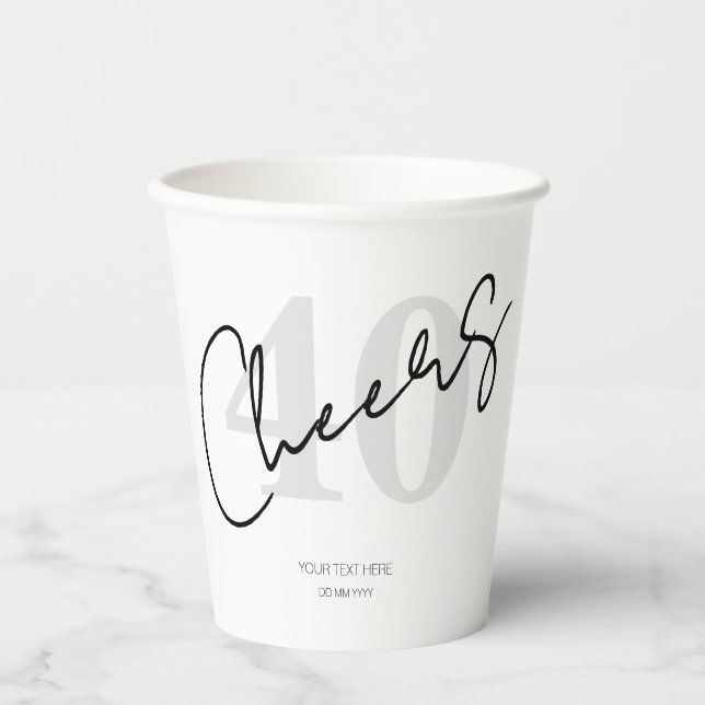 Vasos De Papel Elegante Cumpleaños 40 Cuarenta Negro y Blanco (Anverso)
