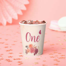 Vasos De Papel Elegante Cumpleaños Floral Acuarela Rosa Uno 1er C