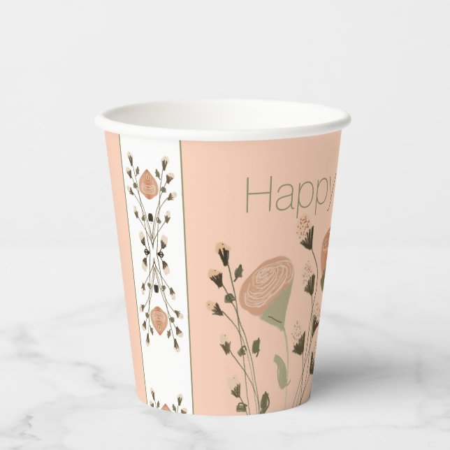 Vasos De Papel Elegante Diseño Floral En Peach (Anverso)