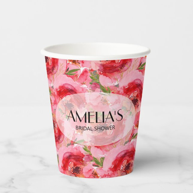 Vasos De Papel Elegante ducha de novia de peonías florales (Anverso)