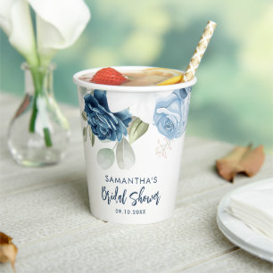Vasos De Papel Elegante Dusty Blue Floral Script Despedida de Sol