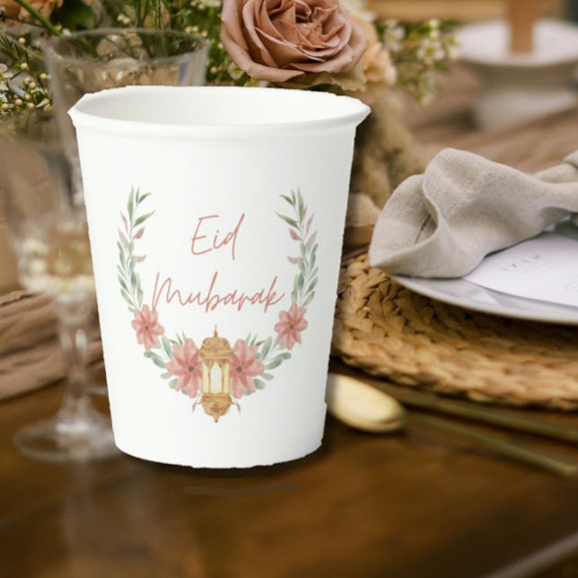 Vasos De Papel Elegante estilo floral moderno Eid Mubarak Blanco  (Add modern elegance to your Eid entertaining with these pink + white floral wreath + lantern cups!)