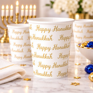 Vasos De Papel Elegante Feliz Hanukkah en Letra Dorada