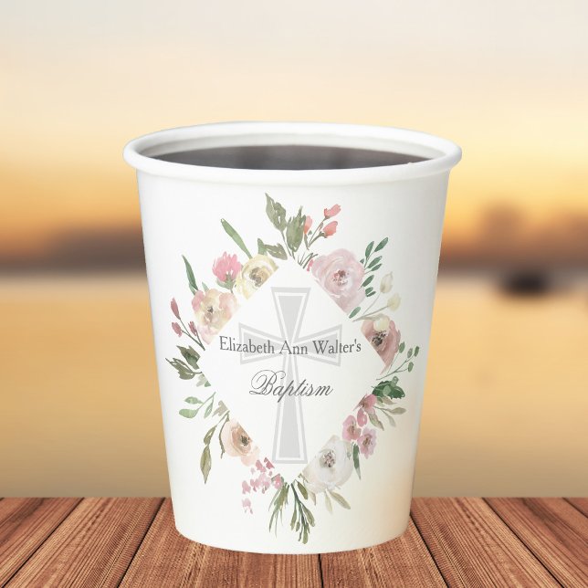 Vasos De Papel Elegante Fiesta de bautismo Personalizado Floral r (Subido por el creador)